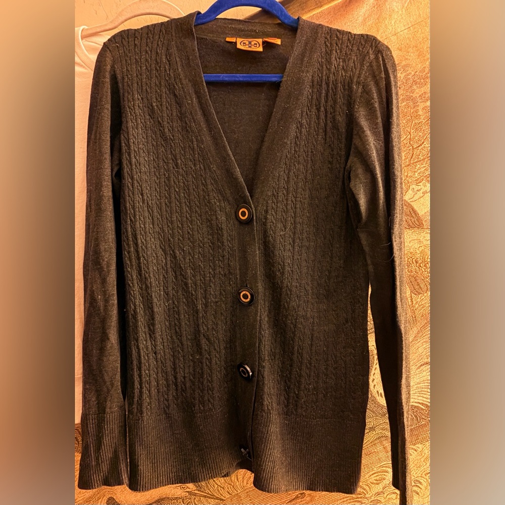 Tory Burch Cable Stitch Front V Neck Charcoal Gray Sweater SZ Medium Preppy *